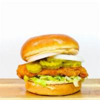 Fried Chicken Burger · Crisp chicken, AEB sauce, lettuce, onions and dill pickles.