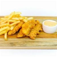 Chicken Tenders · Chicken tenders cooked golden-brown and crispy, served with a side of fries and your choice ...