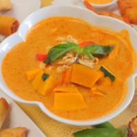 Pumpkin Curry · Spicy. Coconut milk with red curry, kabocha pumpkin, bell pepper & basil.