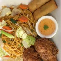 Combo. A · Chow mein,Egg roll. (2 pcs.),chicken drumstick.(2pcs.)
Served with sweet &sour sauce)