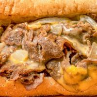 Cheesesteak · Your choice of 100% ribeye steak or chicken on a fresh amoroso roll with your choice of chee...