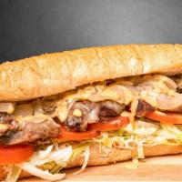 Cheesesteak Hoagie · Your choice of 100% ribeye steak or chicken on a fresh amoroso roll with lettuce, tomato, on...
