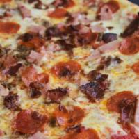 Meat Lovers  Pizza - Medium · Tomato sauce, sausage, pepperoni, bacon, ham, and  mozzarella