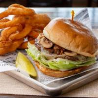 Mushroom & Swiss Burger · All burgers feature 1/3 lb. fresh 100% beef patties dressing lettuce tomatoes pickles & onio...