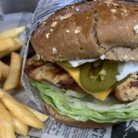 Jalapeño Cheese Burger · All burgers feature 1/3 lb. fresh 100% beef patties dressing lettuce tomatoes pickles & onio...