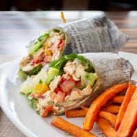Mediterranean Chicken Wrap · Char-Broiled Chicken, Feta, romaine, tomatoes, roasted bell peppers, balsamic.