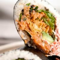 Samurito · Spicy salmon, shrimp tempura, krab, avocado, mixed greens, sushi rice, seaweed wrap with dip...