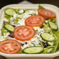 Greek Salad  · Lettuce, tomatoes, onion, Kalamata olives, cucumber, feta cheese and Greek dressing.