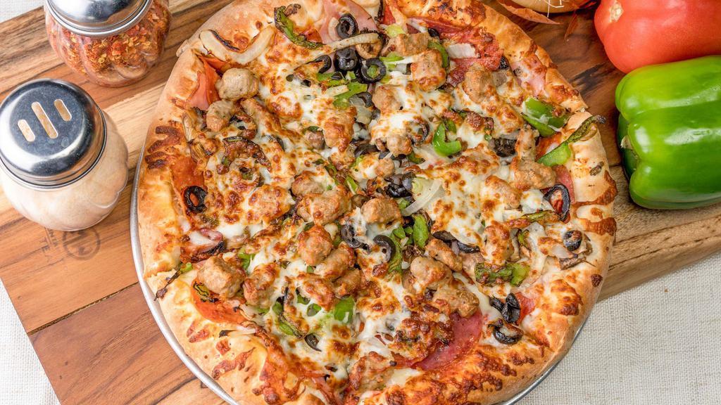 Bc'S Best · Mozzarella cheese, cotto salami, pepperoni, Italian sausage, black olives, fresh mushrooms, Canadian bacon, ground beef, green bell peppers, yellow onions and extra mozzarella cheese.