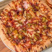 Spicy Aloha · Canadian bacon, applewood smoked bacon, pineapple, jalapenos, and mozzarella cheese, then to...