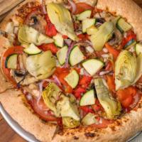 Vegetarian Supreme · Artichoke hearts, zucchini, tomatoes, fresh mushrooms, red onions, red bell peppers and mozz...