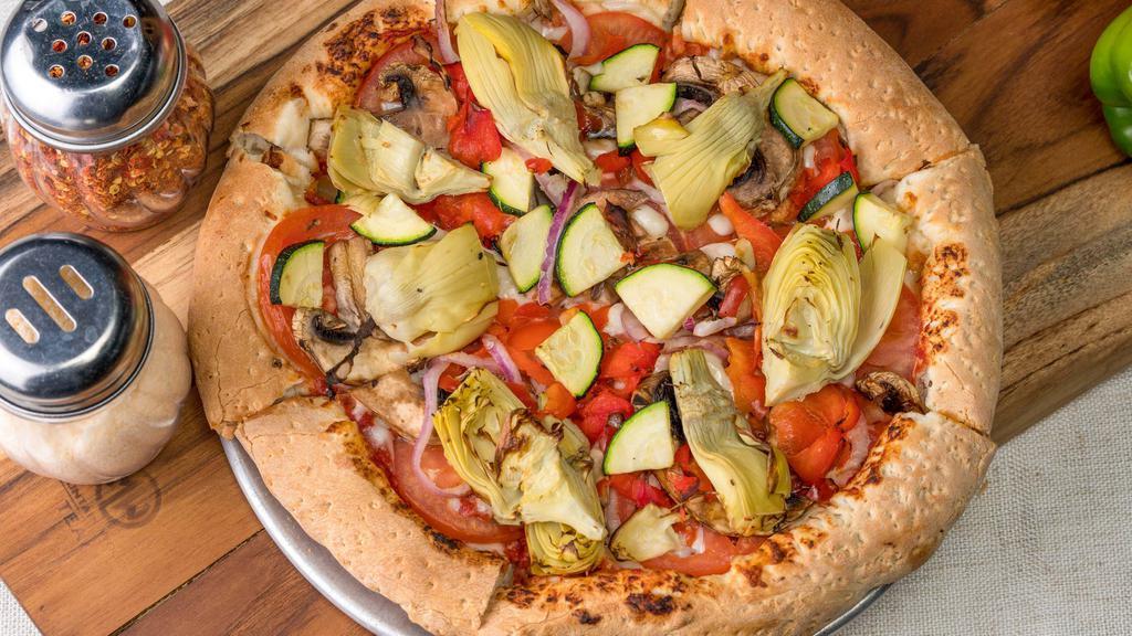 Vegetarian Supreme · Artichoke hearts, zucchini, tomatoes, fresh mushrooms, red onions, red bell peppers and mozzarella cheese.