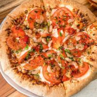 Jamaican Jerk · Shrimp, chicken, red bell peppers, tomatoes, green onions, jerk seasoning and mozzarella che...