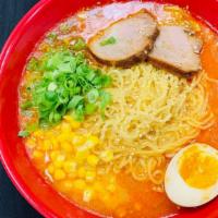 Spicy Tonkotsu Miso · Pork broth compliments, rich spicy miso topped with pork chashu, corn, green onion, spicy be...
