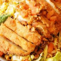 Southern Fried Chicken Salad · Fried chicken breast, corn, tomatoes, hard boiled egg, Grated cheese, glazed walnuts, and ho...