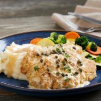 Chicken Piccata · Sautéed chicken breast, lemon butter caper sauce, mashed potatoes and fresh vegetables.