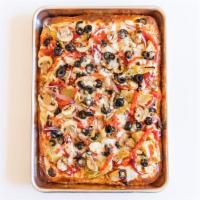 Veggie · Parmesan, housemade garlic sauce, mozzarella, signature pizza sauce, red onion, artichoke, r...