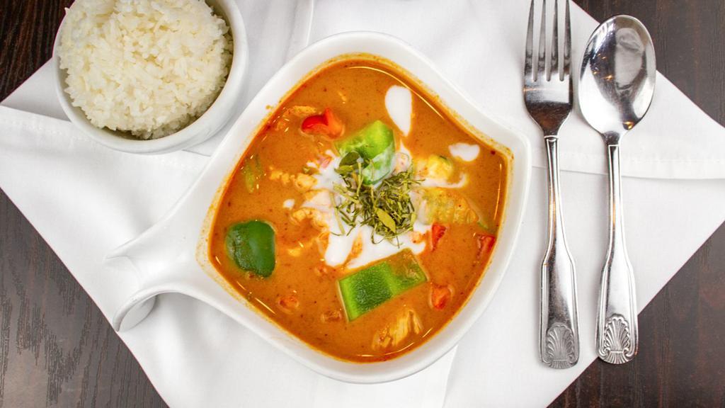 Panang Curry · Distinctive blend of Thai curry with coconut milk and kaffir lime leaves.