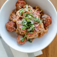 Spaghetti & Meatballs · Traditional tomato sauce, basil, olive oil, pecorino cheese.