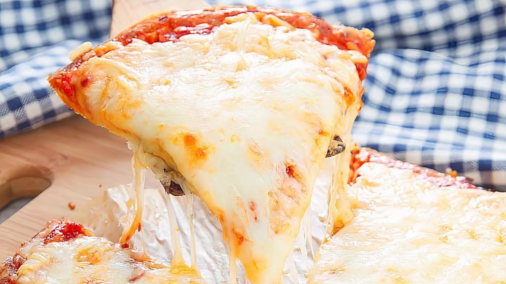 Six Cheese Pizza · Asiago, fontina, parmesan, provolone, mozzarella and Romano cheese.