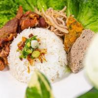 Cơm Bì Chả Thịt Nướng · Rice with BBQ Pork, Shredded Pork, Steamed Egg/Pork Loaf, tomatoes, cucumber, pickled daikon...