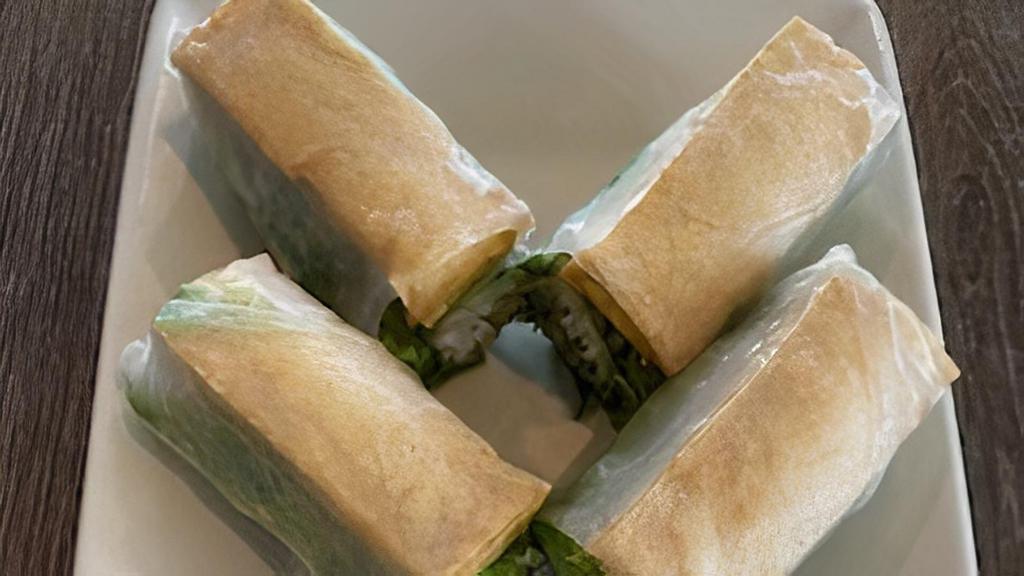 Vegetarian Spring Rolls · Two rice paper rolls stuffed with friend tofu, lettuce, fresh mint, bean sprouts and vermicelli noodles. Served with peanut sauce. Goi cuon chay.