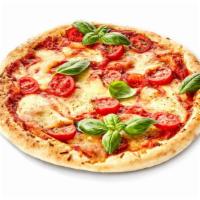 Margherita Pizza · Mouth watering pizza decorated with tomato, fresh basil, and olive oil.