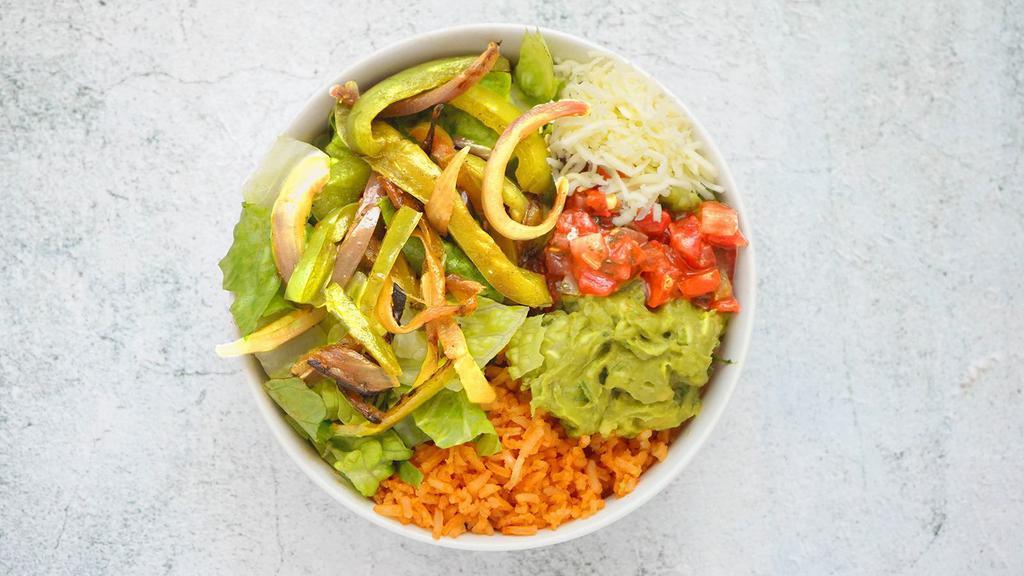 Vegetarian Burrito Bowl · Basically a burrito bowl with guacamole, fajitas, rice, beans, cheese, pico de gallo, and lettuce.