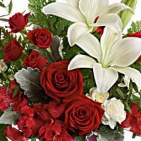 Teleflora'S Charming Heart Bouquet · Take her Valentine's Day breath away with this passionate red rose and white lily bouquet, p...