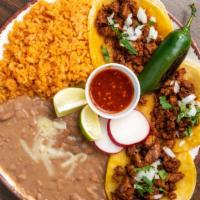 Three Taco Plate · Soft tacos: al pastor, carnitas, fried carnitas/chicharron, chicken, buche, cabeza, asada, t...