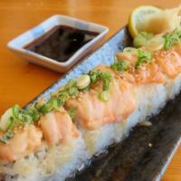 Baked Salmon Roll · in: Crabmeat, Cucumber, Avocado
out: Baked salmon, Eel sauce