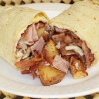 Breakfast Burrito · Served with eggs, bacon, ham, refried beans, seasoned potatoes, and cheese.