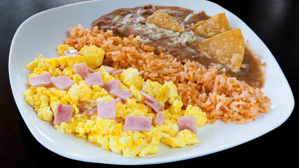 Eggs With Ham · Served with rice, beans, and three (corn) handmade tortillas.