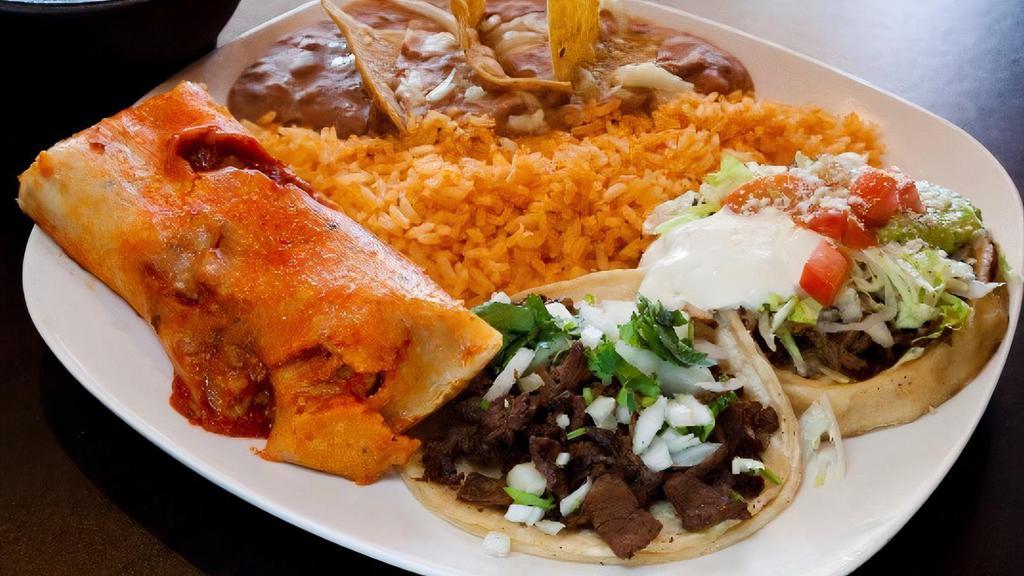 Grandma'S Special Plate · Served with one tamale, one sope, one taco, rice, and beans.