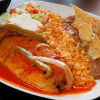 Chile Relleno Plate · A chile relleno served with rice, beans, and 3 (corn) handmade tortillas.