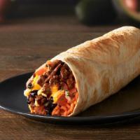 Carne Asada Burrito · A burrito filled with grilled steak, pico de gallo, rice, beans, lettuce, tomatoes, cheese a...