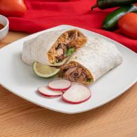 El Pastor Burrito · A burrito filled with slow cooked seasoned pork, pico de gallo, rice, beans, lettuce, tomato...