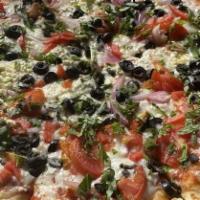 Greek Pizza · Olive oil base, red onion, tomatoes, black olives, feta & mozzarella cheese & parsley.