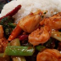 Szechuan Style Shrimp · Hot and spicy. Shrimp, broccoli, celery, bak choy, dried hot pepper, carrot, zucchini and fo...