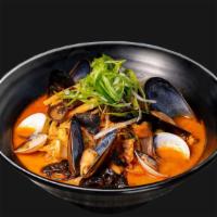 Red Spicy Seafood Ramen · Spicy. 빨간짬뽕 · Pork broth, clam, squid, shrimp, mussel, cabbage, white onion, bok choy, green...