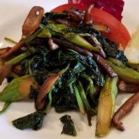 Sautéed Spinach · With asparagus and shiitake mushrooms in balsamic vinegar sauce
