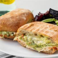 Chicken Panini · Ciabatta panini, chicken breast, provolone, avocado, organic tomato, scallion aioli.