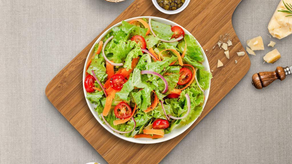 Greater Good Garden Salad · (Vegetarian) Romaine lettuce, salami, black olives, pepperoncinis, cherry tomatoes, cucumbers, and onions tossed with ranch dressing.