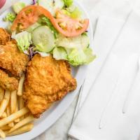 Fried Chicken Dinner · Four piece fried chicken served with fries and salad. Includes ranch and Louisiana sauce.