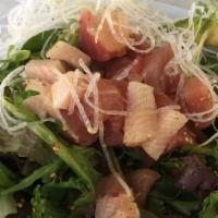Sashimi Salad · Spring Mix, Sashimi Grade Salmon, Tuna, Yellowtail, Albacore Mix