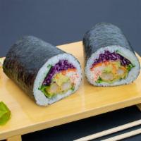 Double Dragon Sushi Burrito · Tempura shrimps, cucumber, spring mix salad, carrots, avocado, crab salad, lettuce, and eel ...