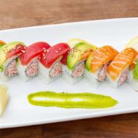 Rainbow Roll · imitation crab salad, cucumber, topped with salmon, tuna, shrimp, avocado