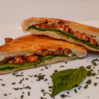 Grilled Cheese Bacon Panini · Bacon, herb cream cheese, your choice of cheese mozzarella or swiss,  tomato and spinach.