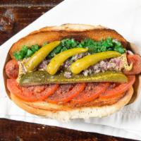 El Capone · Chicago style: stone ground mustard, dill relish, fresh Roma tomato slices, pickle spear, sp...