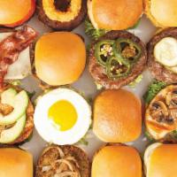 Party Box · 16 big slider burgers. Choice of 3  Patties ONLY ( Angus beef, Grilled chicken, Crispy chick...